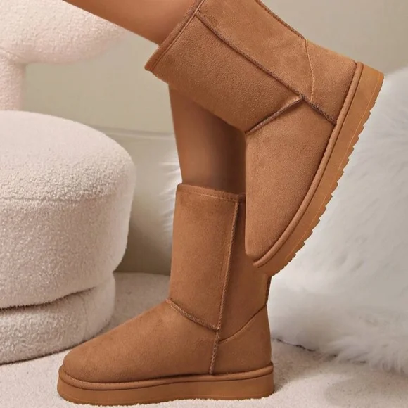 Women’s Solid Color Tan  Fleece Mid-Calf Warm Snow Boots - Picture 3 of 4